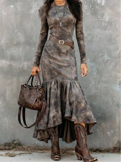 YaraLuxe Vintage Polyester Flare Hem Midi Dress with Belt