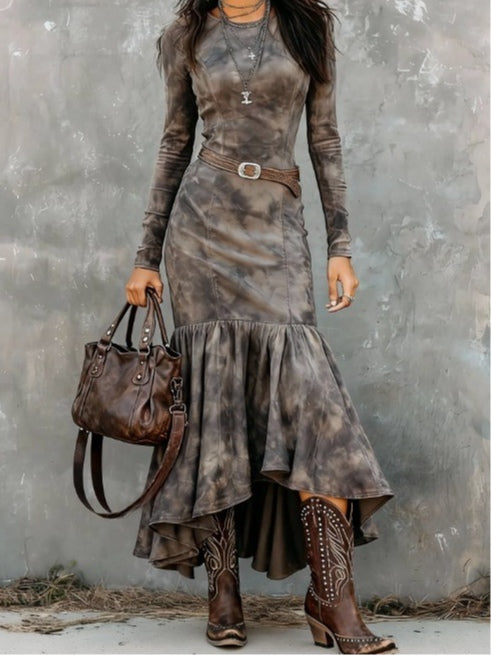 YaraLuxe Vintage Polyester Flare Hem Midi Dress with Belt